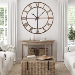 Large Silent Wall Clock, Easy Assembly Roman Numeral Bronze