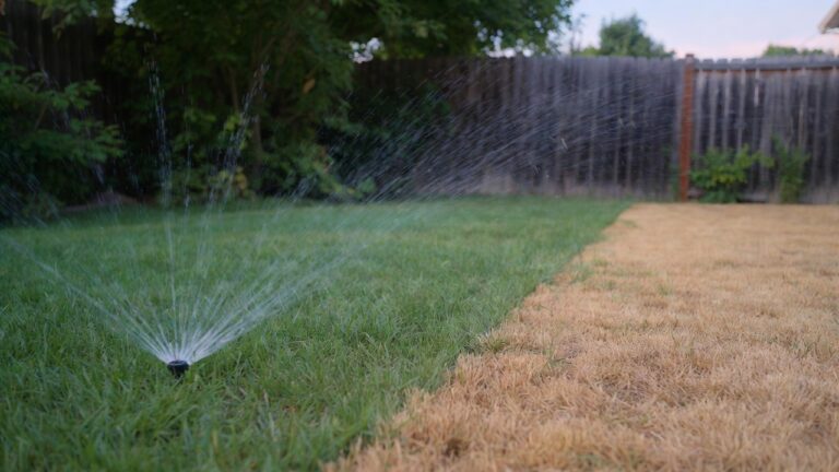 late summer lawn watering — A sun-drenched backyard lawn in late summer afternoon light, showing a clear contrast between a lush green section and an adjacent dry, straw-colored patch, with a single low-angle sprinkler head actively spraying water across the grass — no people, no text, no logos.