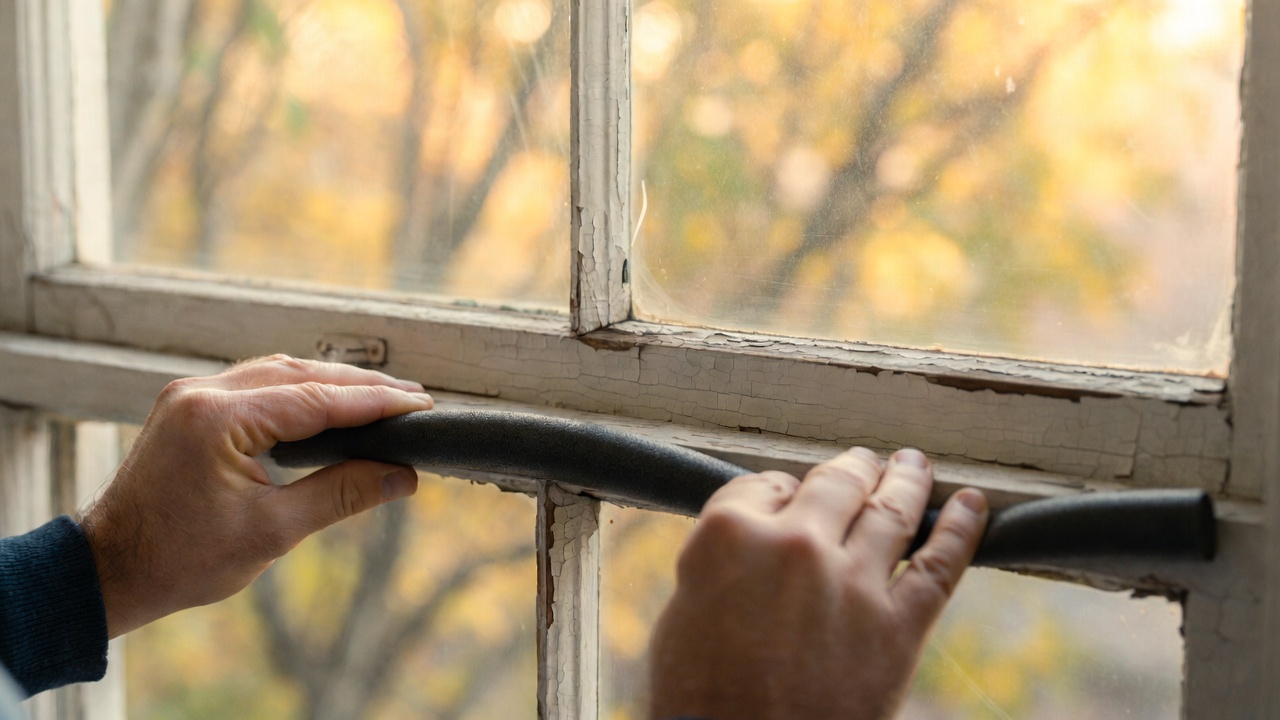 A close-up, warm-toned scene of a pair of hands pressing self-adhesive foam weatherstripping along the interior edge of a worn wooden — weatherize older home