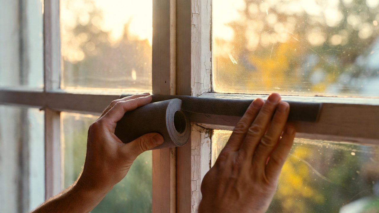 weatherize older home — A close-up, warm-toned scene of a pair of hands pressing self-adhesive foam weatherstripping along the interior edge of a worn wooden window frame, with soft golden autumn light filtering through the glass panes in the background — no text, no logos, no branded products visible