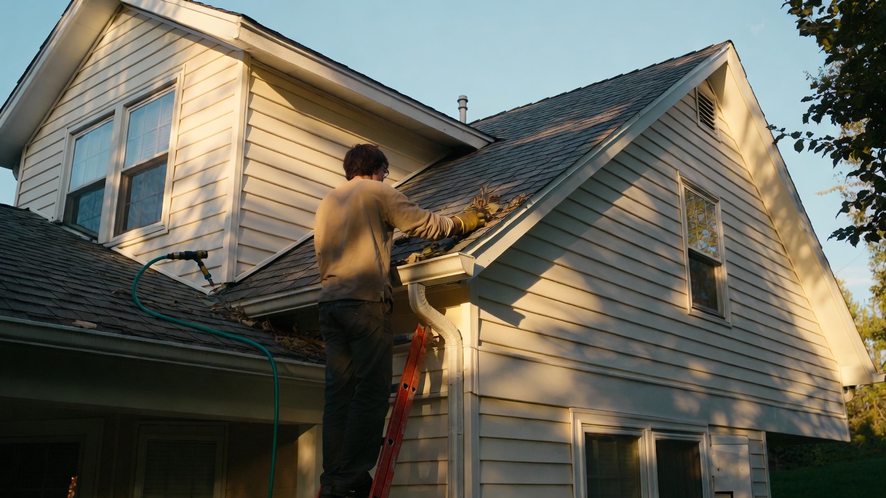 A homeowner on a ladder beside a two-story house on a sunny late-summer afternoon, cleaning leaves and debris from a gutter with one gloved