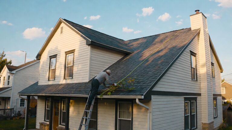 end of summer home maintenance checklist — A homeowner on a ladder beside a two-story house on a sunny late-summer afternoon, cleaning leaves and debris from a gutter with one gloved hand while a garden hose rests on the roof edge nearby; warm golden light, green lawn visible below, no text or logos.