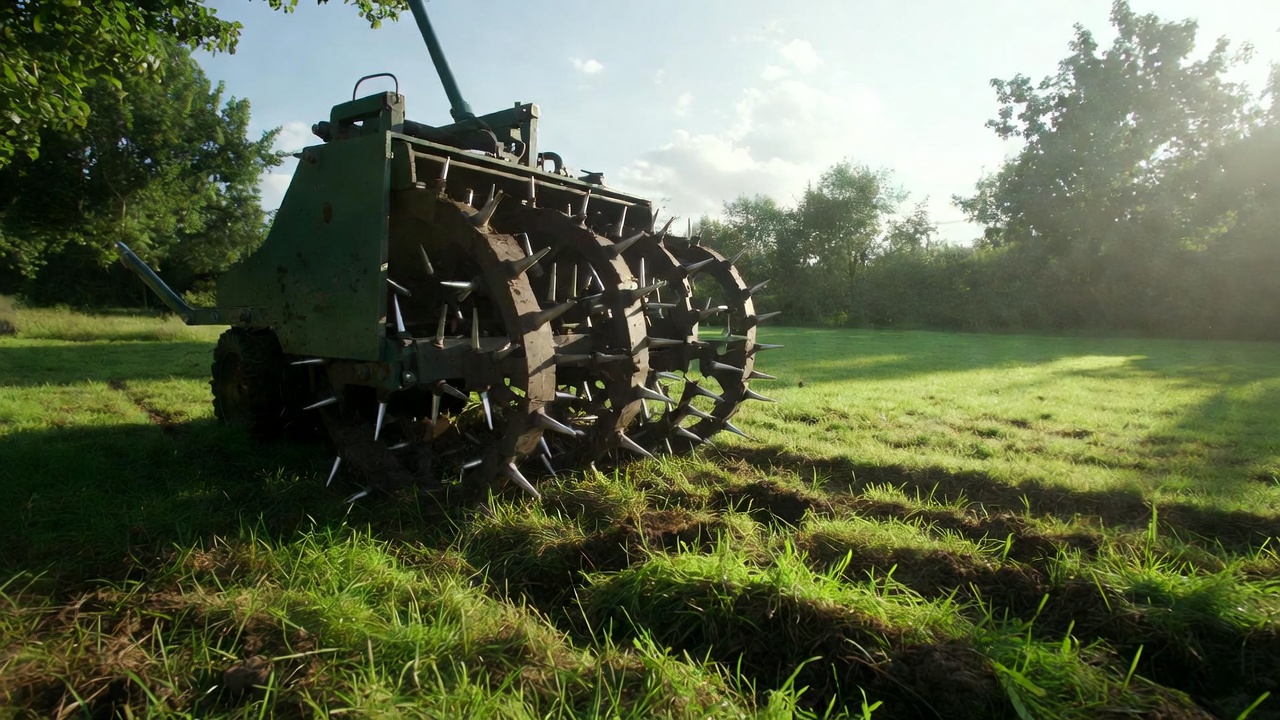 A close-up shot of a garden lawn aerator machine in action on a green, slightly patchy cool-season lawn under soft early-fall sunlight,
