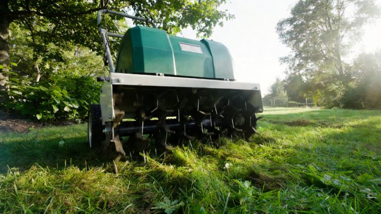September lawn aeration and overseeding — A close-up shot of a garden lawn aerator machine in action on a green, slightly patchy cool-season lawn under soft early-fall sunlight, with a backdrop of healthy trees and a clear sky.