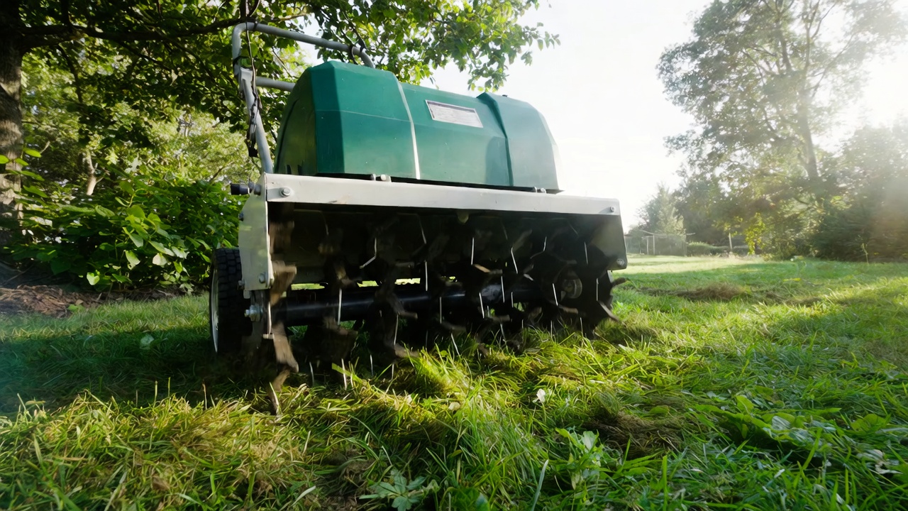 September lawn aeration and overseeding — A close-up shot of a garden lawn aerator machine in action on a green, slightly patchy cool-season lawn under soft early-fall sunlight, with a backdrop of healthy trees and a clear sky.