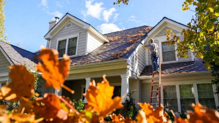 September fall home maintenance checklist — A cozy suburban home in early fall with a homeowner wearing gloves and using a ladder to clean gutters, surrounded by colorful autumn leaves and a clear blue sky.