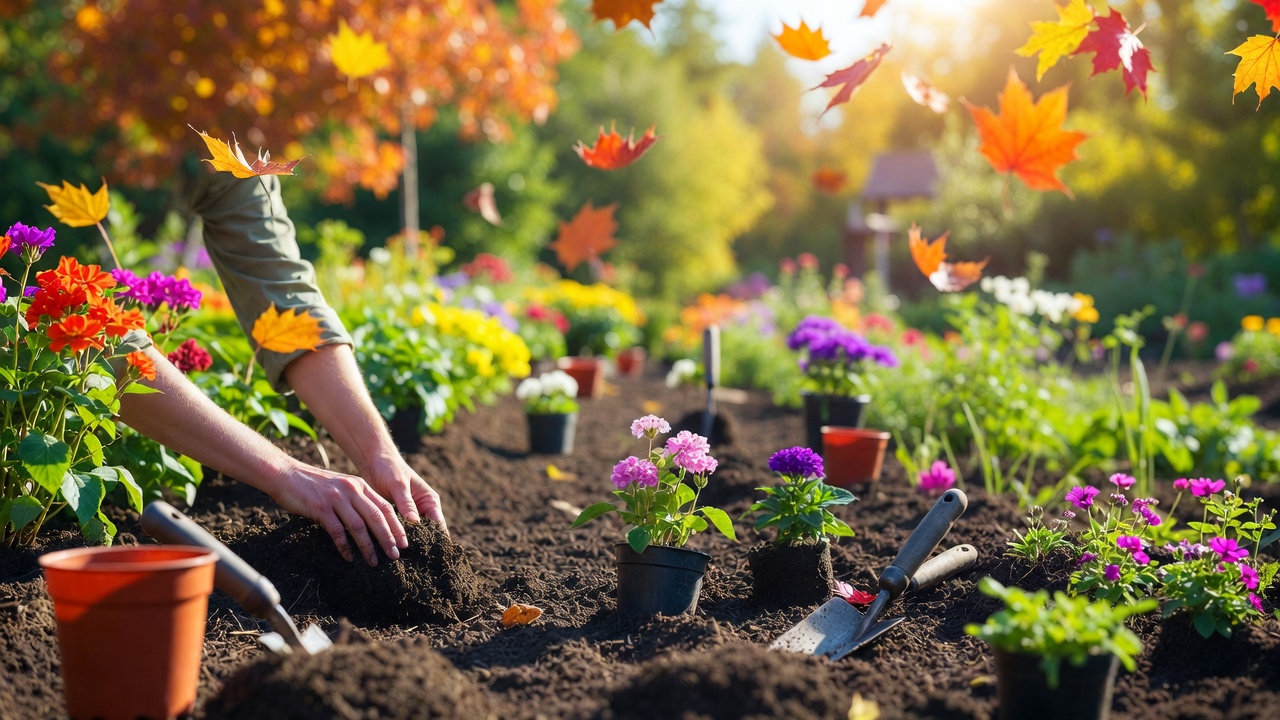 A vibrant garden scene in early fall with hands planting colorful fall perennials in freshly prepared soil beds, surrounded by garden tools