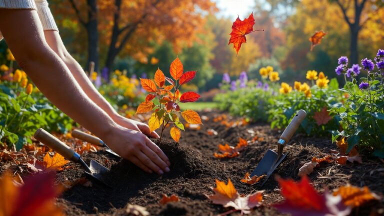 September fall garden transition checklist — A vibrant garden scene in early fall with hands planting colorful fall perennials in freshly prepared soil beds, surrounded by garden tools and autumn leaves gently falling.