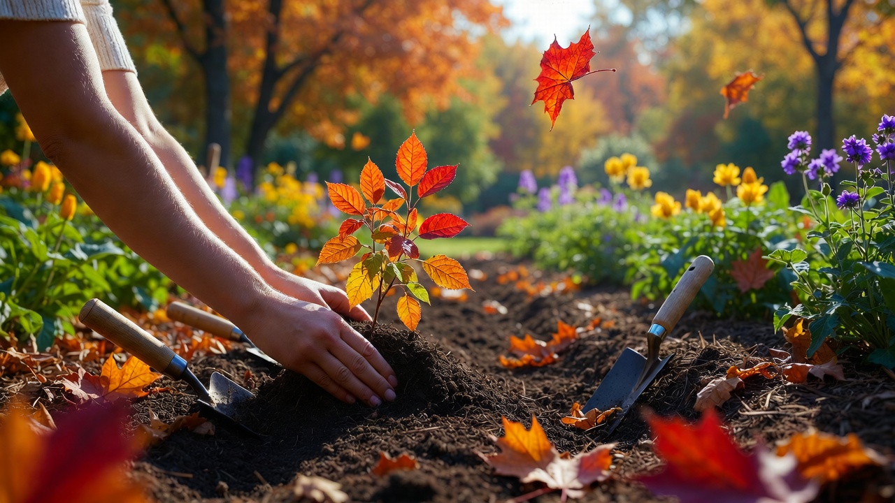 September fall garden transition checklist — A vibrant garden scene in early fall with hands planting colorful fall perennials in freshly prepared soil beds, surrounded by garden tools and autumn leaves gently falling.