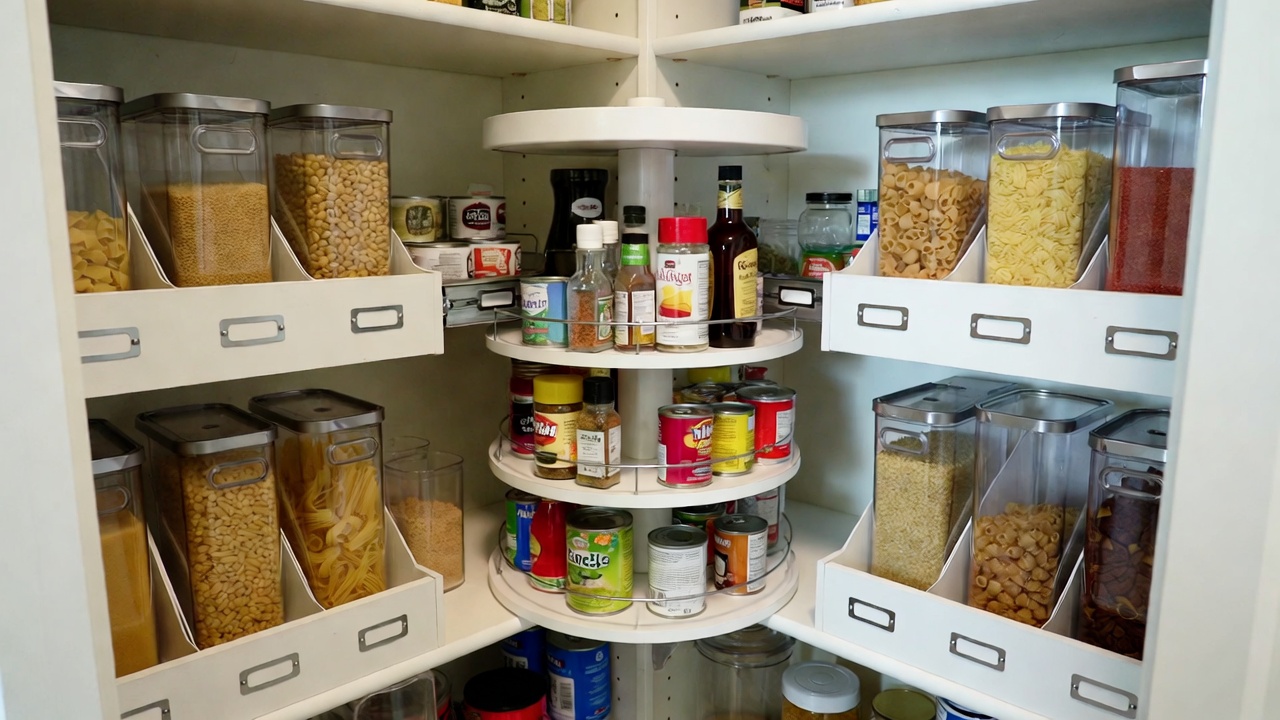 A well-organized deep pantry shelf showing a rotating turntable loaded with spices and canned goods, adjacent to labeled pull-out bins