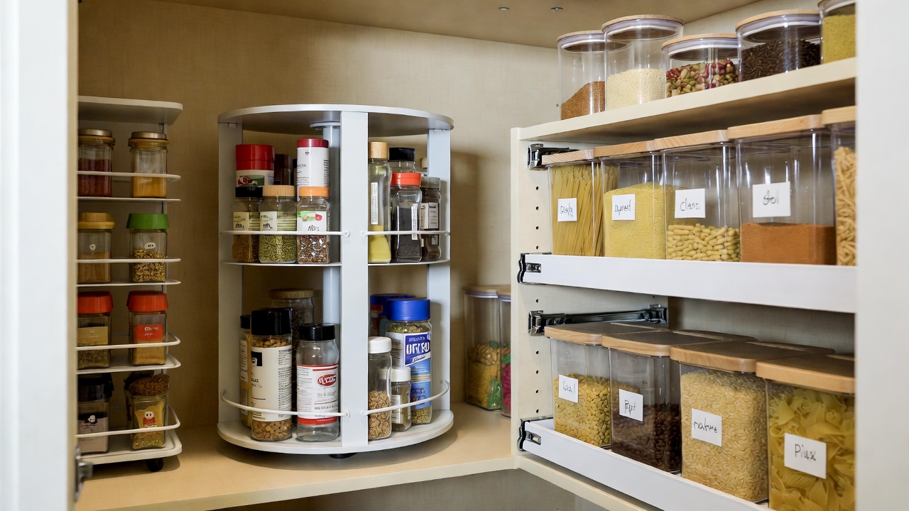 organize pantry deep shelves — A well-organized deep pantry shelf showing a rotating turntable loaded with spices and canned goods, adjacent to labeled pull-out bins filled with dry goods, all neatly grouped into zones for easy access and visibility.