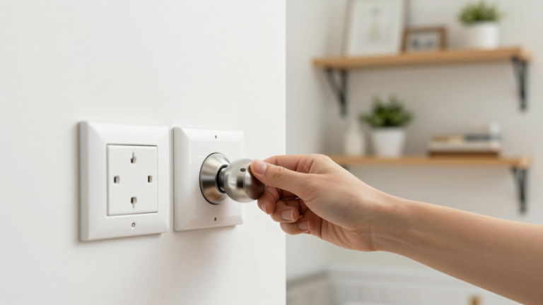 Small hardware and surface swaps — A bright, inviting room corner showing a hand replacing a modern door knob, with visible new switch plates and neatly arranged decorative shelves in the background, emphasizing fresh, easy updates.