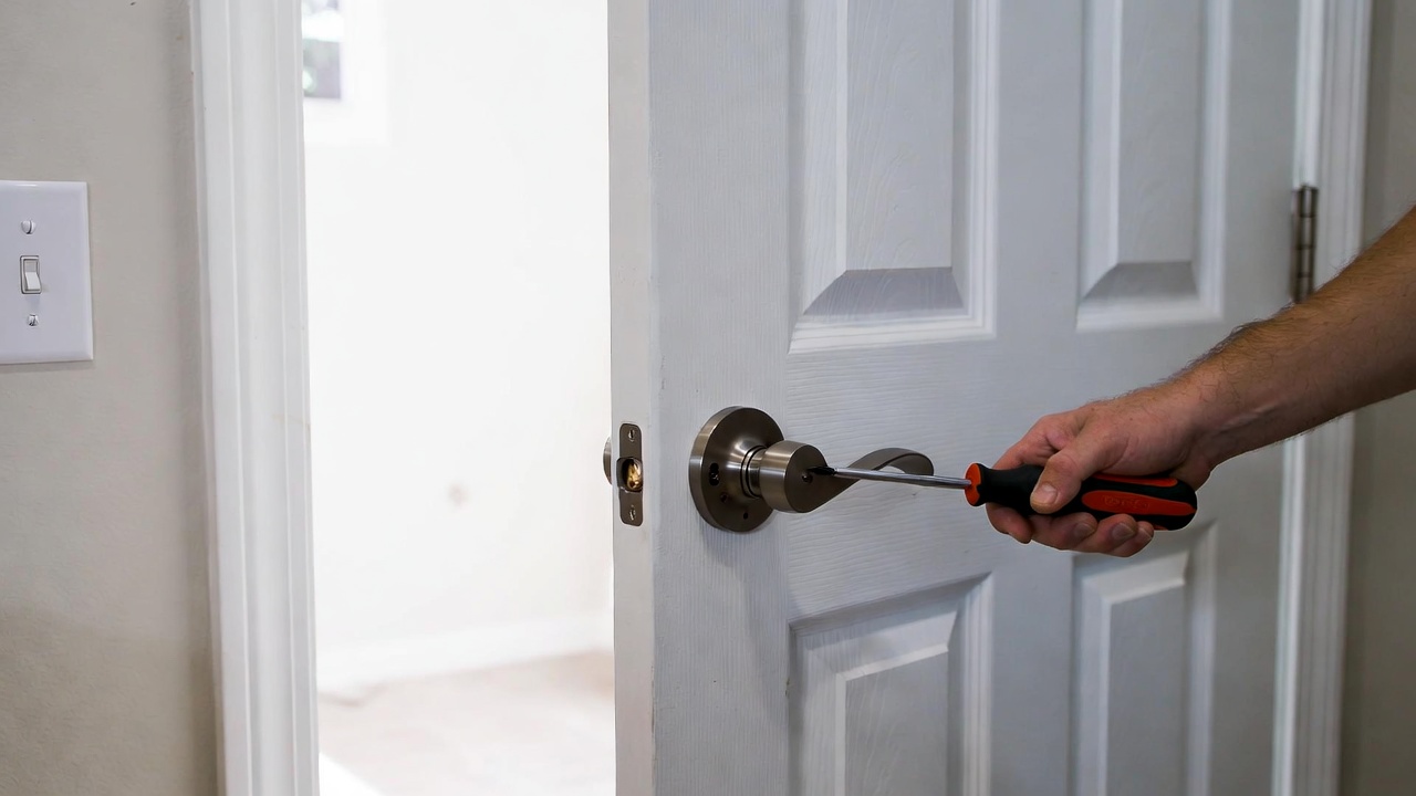 A bright, inviting interior door partially open showing a modern, stylish door handle being installed by a homeowner using a screwdriver,