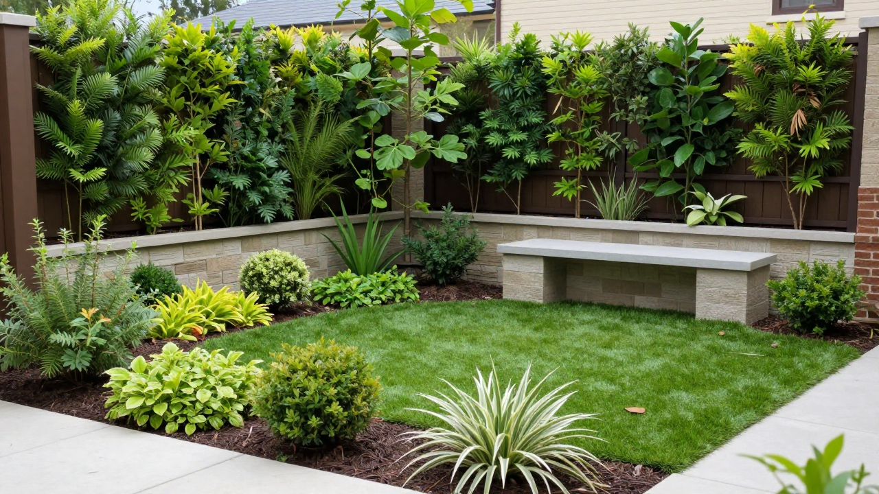 maximize a small backyard — A beautifully designed small backyard featuring layered planting zones with a mix of low ground cover plants, small shrubs, and a compact artificial turf area, showing a cozy seating nook and vertical garden on a fence for space-saving greenery.