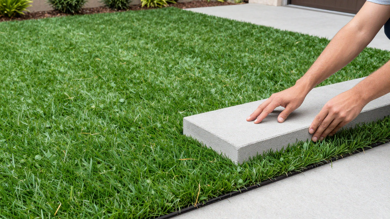 A clean, well-prepared backyard area showing a partially installed artificial turf section with visible base layers and tools neatly