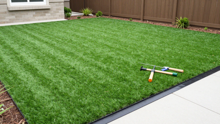 install artificial turf in your backyard — A clean, well-prepared backyard area showing a partially installed artificial turf section with visible base layers and tools neatly arranged nearby, under natural daylight to emphasize a realistic DIY project atmosphere.