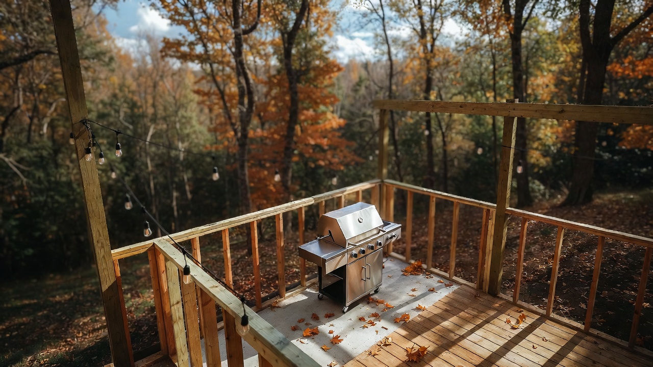 An overhead view of a rustic backyard with a partially constructed outdoor kitchen showing exposed wooden framing, concrete foundation, and