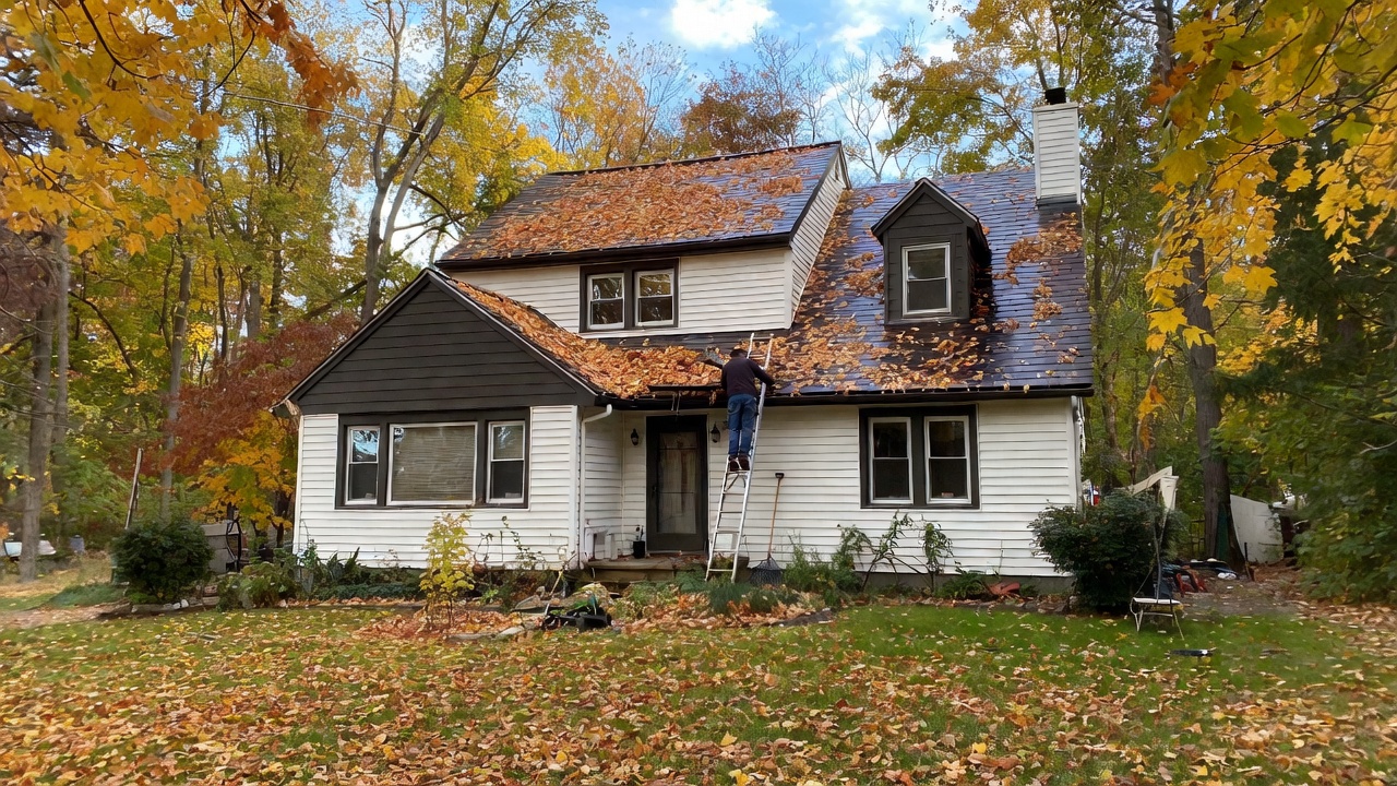 A cozy suburban home in early fall with colorful leaves on the ground, a homeowner wearing gloves cleaning gutters, and garden tools