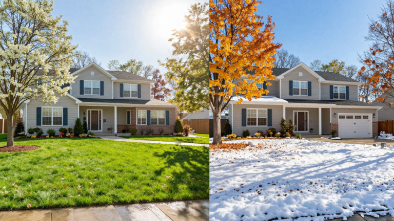 best times of year for home improvement projects — A split-screen or four-quadrant visual showing a residential home exterior in different seasonal states: spring with fresh green lawn and blooming flowers, summer with bright sunshine and clear skies, fall with golden foliage and warm tones, and winter with snow coverage