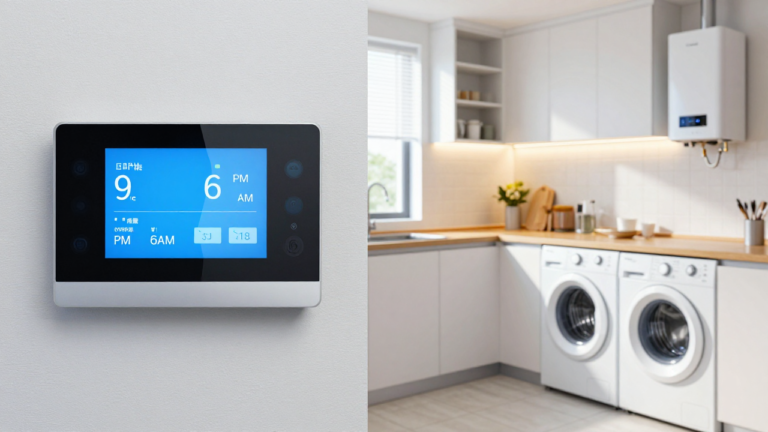 save money with time-of-use electricity plans — A split-screen comparison showing a digital smart meter display on the left side glowing with blue off-peak hour indicators (9 PM–6 AM time window), and on the right side a bright, warm-lit kitchen with a washing machine, dishwasher, and electric water heater all visible and ready to operate, symbolizing the contrast between peak and off-peak energy use times.