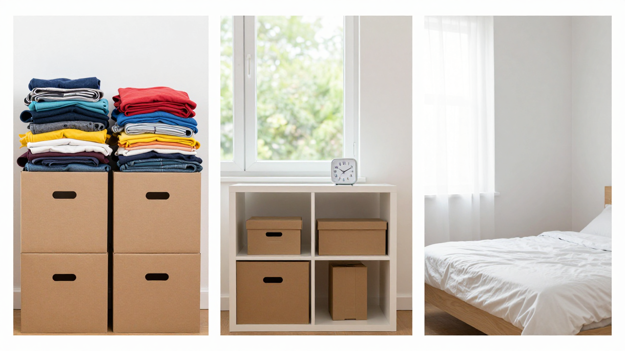 decluttering methods compared — A split-screen visual showing four distinct home organization scenarios side-by-side: one corner with neatly folded clothes in a minimalist pile (KonMari aesthetic), another with four labeled cardboard boxes arranged on a floor, a third showing a small organized shelf with a visible timer or clock, and a fourth showing a serene, sparse bedroom with minimal possessions—all in natural daylight from a window, no people visible.