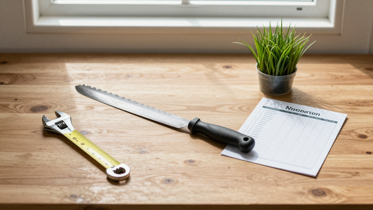 A flat lay on a wooden workbench
