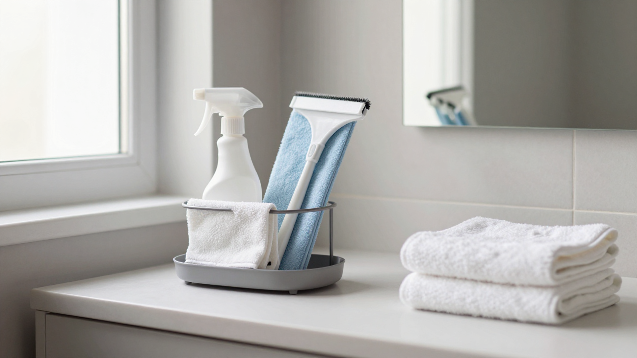 A bathroom vanity in soft, diffused natural light from a window