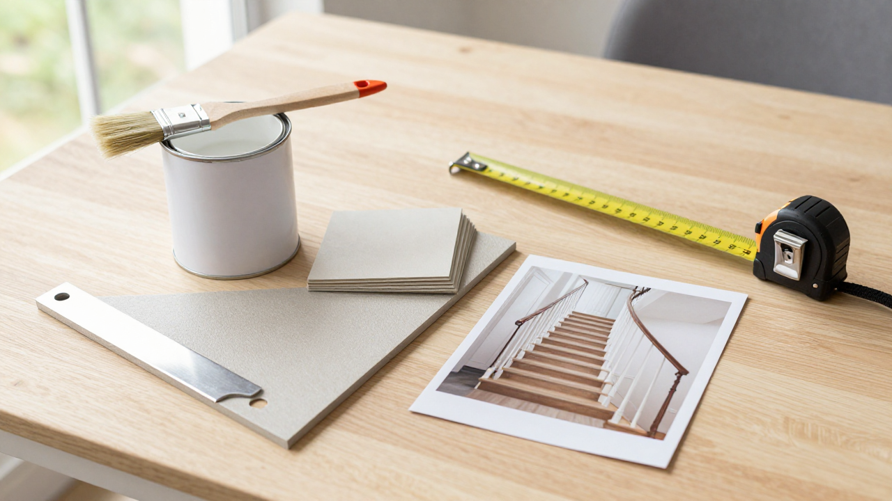 A flat-lay still-life on a light wood workbench in natural daylight